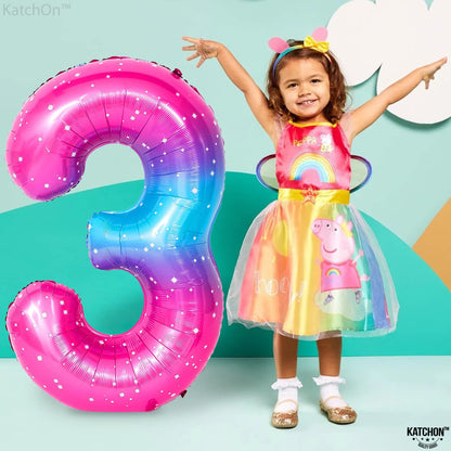 KatchOn, Rainbow Number 3 Balloon - 40 Inch, Pink Blue | 3rd Birthday Decorations for Girls | Unicorn Party Decorations, Galaxy Party decorations