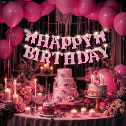 KatchOn, Pink Glitter Happy Birthday Banner with Lights - No DIY, 10 Feet | Happy Birthday Bow Banner | Birthday Decorations for Women, Girls | Pink Bow Birthday Decorations