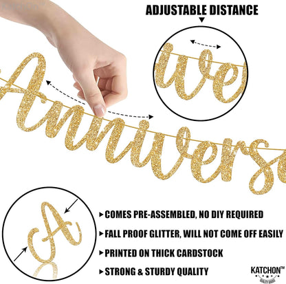 KatchOn, Glitter Happy Anniversary Banner Gold - No DIY, 2 String, 10 Feet | Happy Anniversary Decorations for Party | Wedding Anniversary Decorations | Happy Anniversary Sign for Romantic Decorations
