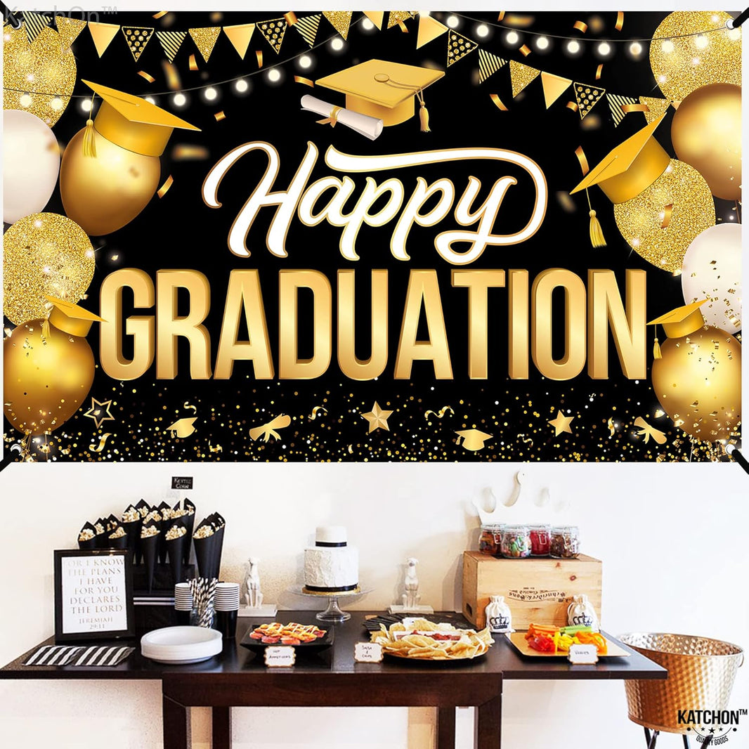 KatchOn, Happy Graduation Banner - XtraLarge, 72x44 Inch | Black and Gold Graduation Backdrop 2026, Graduation Decorations Class of 2026 Congratulations Banner for 2026 Graduation Party Decorations
