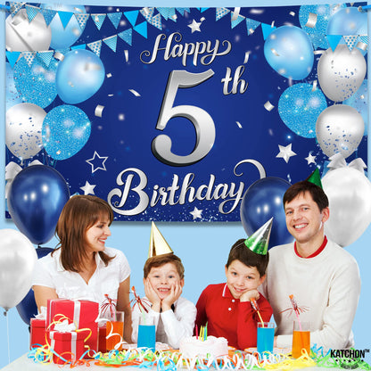 KatchOn, Happy 5th Birthday Banner - XtraLarge, 72x44 Inch | Blue 5th birthday Decorations | Blue and Silver Toddler Decorations for 5 birthday Decoration