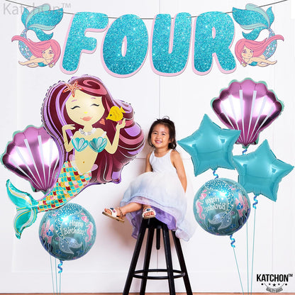 KatchOn, Big Mermaid 4th Birthday Decorations Set - Pack of 8 | Mermaid Birthday Decorations 4 Year Old Girl | Mermaid Balloons 4, 4 Year Old Birthday Decorations | 4th Birthday Decorations Girl