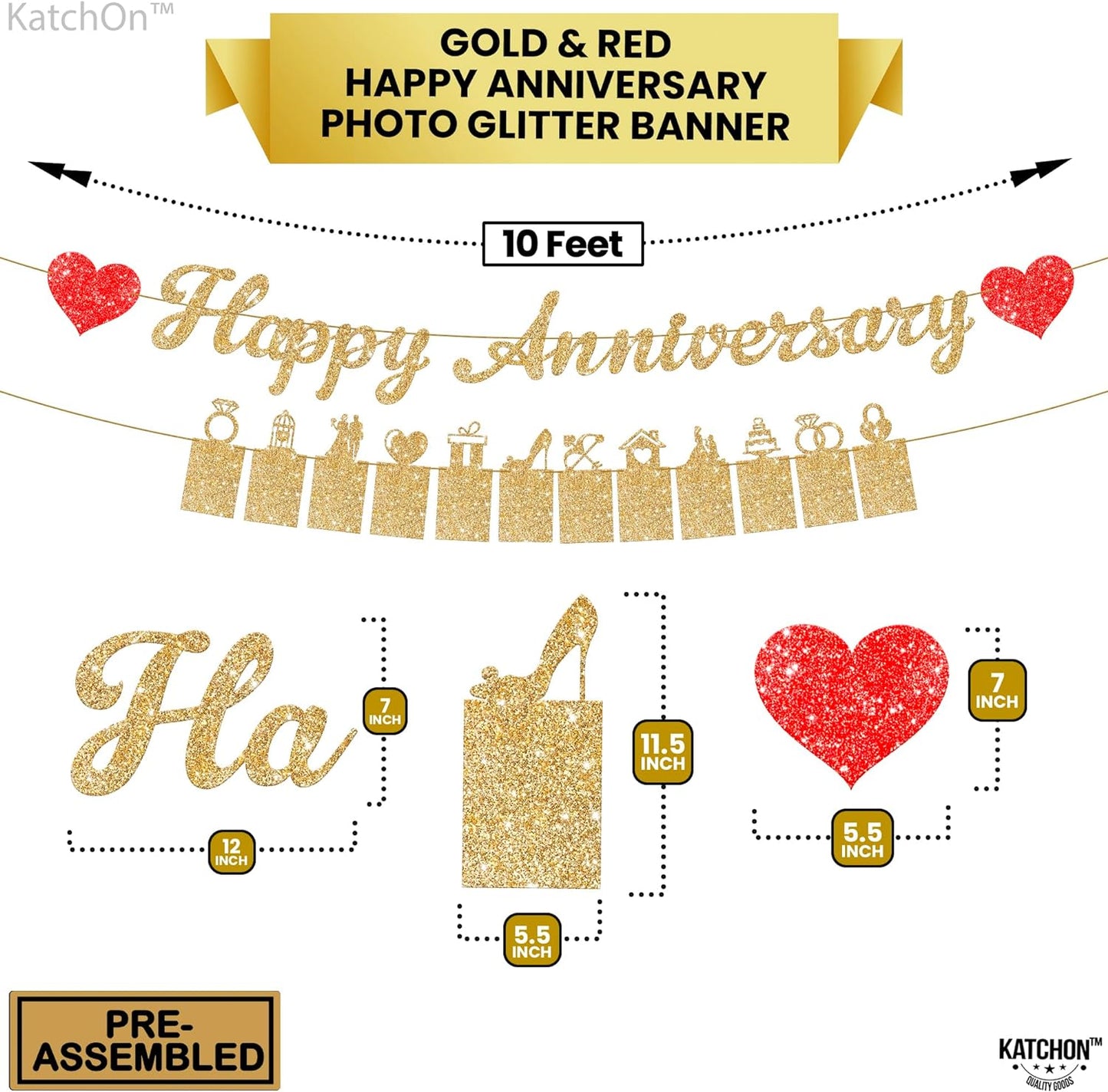 KatchOn, Glitter Happy Anniversary Photo Banner - 10 Feet, 2 Strings | Happy Anniversary Banner, Happy Anniversary Decorations | Wedding Anniversary Banner, Happy Gold 2 Year Anniversary Decorations