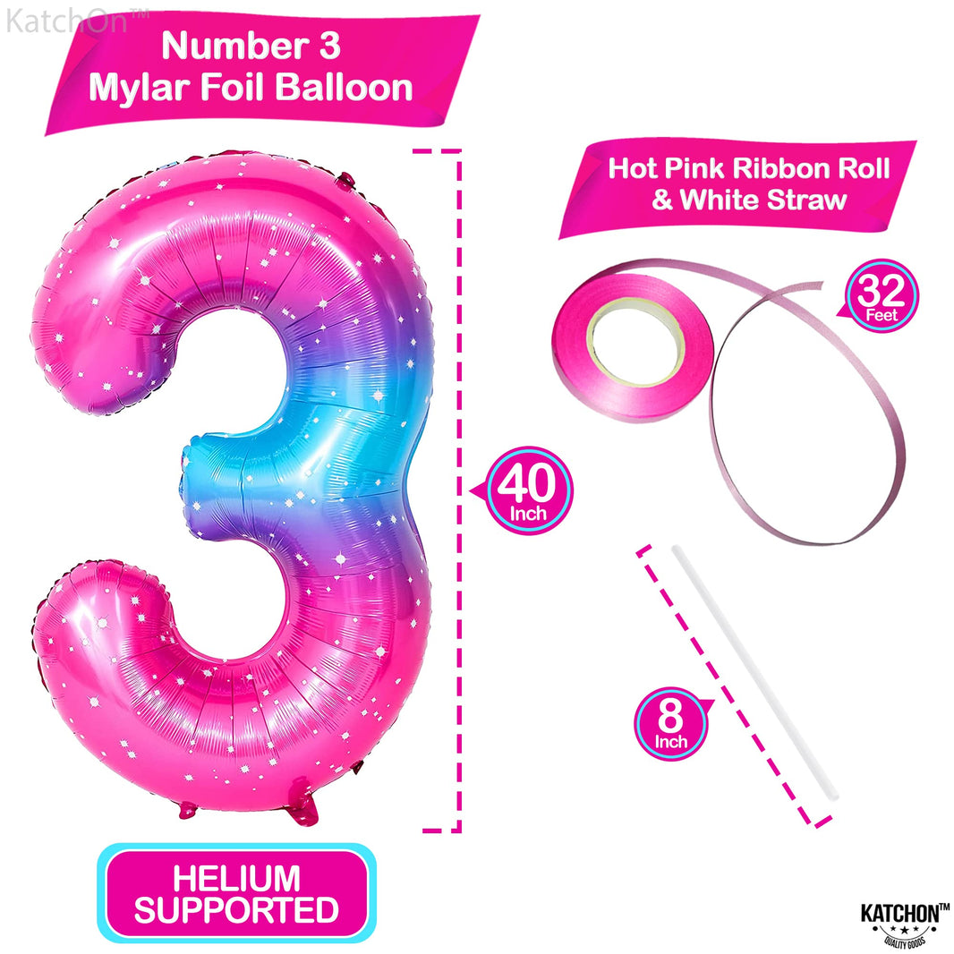 KatchOn, Rainbow Number 3 Balloon - 40 Inch, Pink Blue | 3rd Birthday Decorations for Girls | Unicorn Party Decorations, Galaxy Party decorations