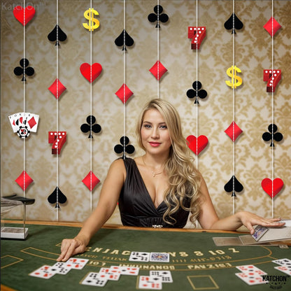 KatchOn, Casino Party Hanging Garlands - Pack of 8, Pre Strung | Casino Theme Garlands for Poker Night Birthday Supplies | Casino Theme Party Decorations