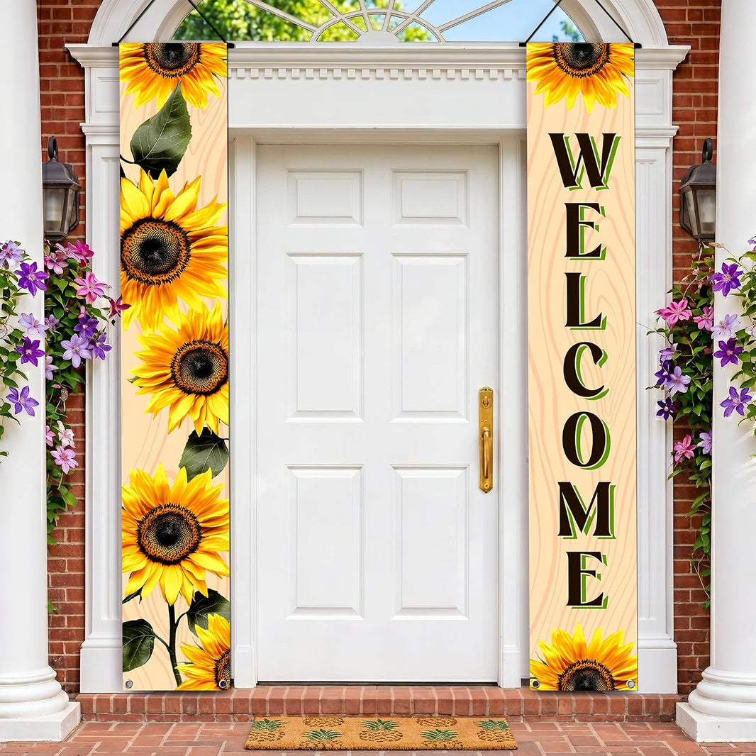 KatchOn 120x20 Inch Sunflower Welcome Hanging Door Banners | NO DIY, Summer Party Decorations, Sunflower Porch Decor, Outdoor Party Decorations, Hanging Decorations for Front Door
