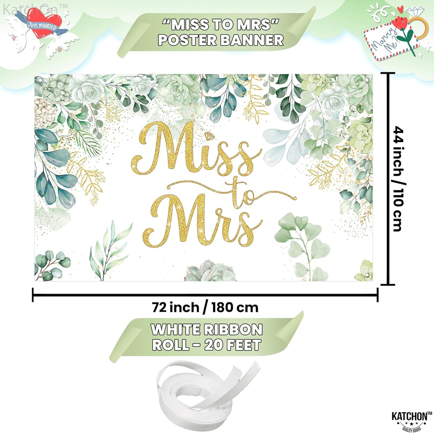 KatchOn, Green Miss To Mrs Banner - XtraLarge 72x44 Inch | Miss To Mrs Backdrop for Bachelorette Party Decorations | Tropical Bridal Shower Decorations | Floral Leaf Bridal Shower Photo Booth Backdrop