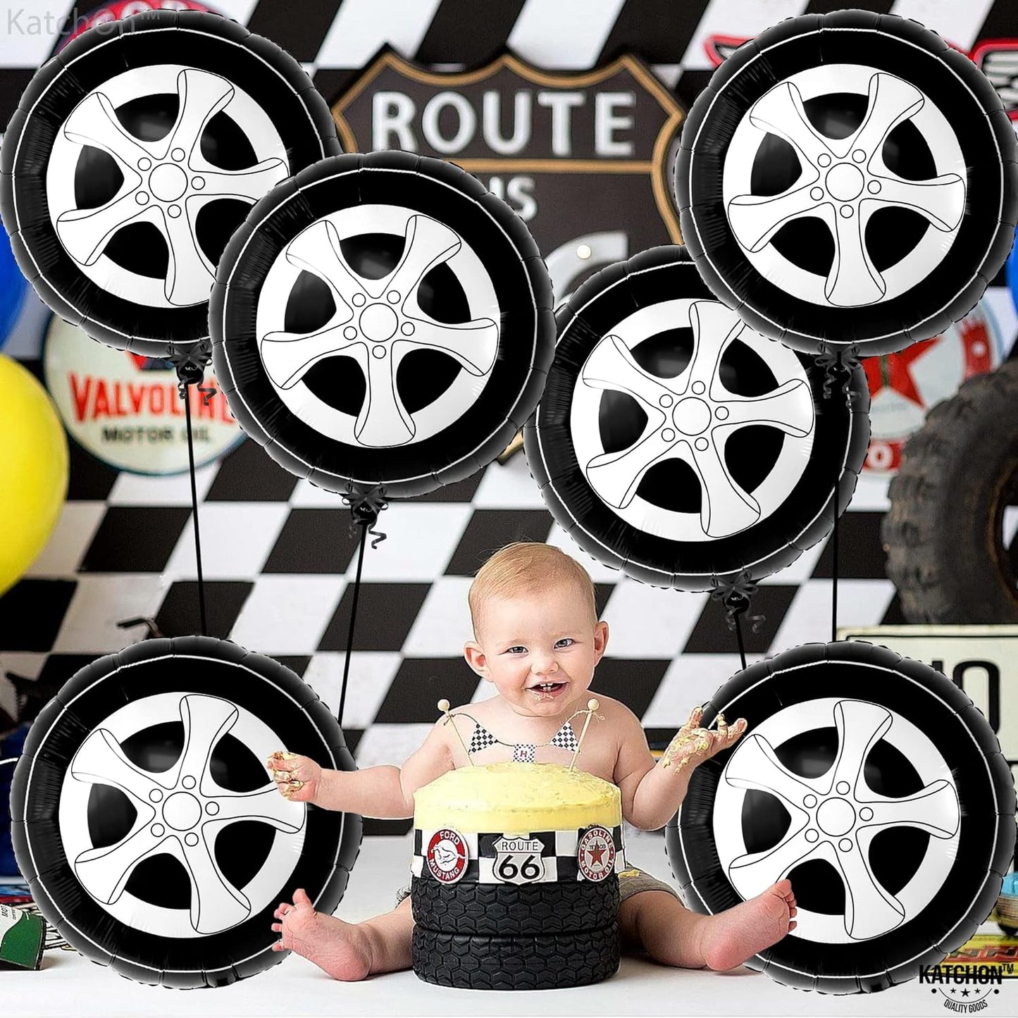 KatchOn, 6 Pieces Wheel Tire Balloons for Birthday Boy - 18 Inch, Wheels Balloons | Two Fast Birthday Decorations | Pick Up Truck Themed Birthday Party Decorations | Mechanic Birthday Decorations