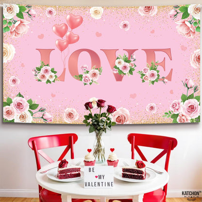 KatchOn, Pink Love Valentines Backdrop - XtraLarge, 72x44 Inch | Valentine Backdrop for Photography | Valentine Banner, Valentines Day Decorations | Valentines Decor | Galentines Day Decorations