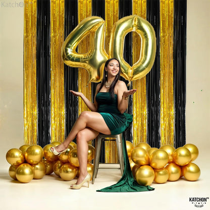 KatchOn, Xtralarge Black and Gold Streamers - 3.2x8 Ft, Pack of 2 | Gold and Black Foil Fringe Curtains for Birthday, Anniversary, Enegagment, Bachelorette Party Decorations | Halloween Decorations