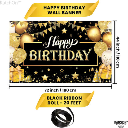 KatchOn, Black and Gold Happy Birthday Banner - XtraLarge, 72x44 Inch | Black and Gold Birthday Banner for Men | Happy Birthday Sign, Happy Birthday Backdrop for Black and Gold Birthday Decorations