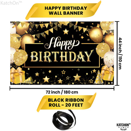 KatchOn, Happy Birthday Banner Black and Gold - Large 72x44 Inch | Happy Birthday Decorations for Men and Women | Black and Gold Birthday Backdrop | Birthday Party Decorations for Men & Women