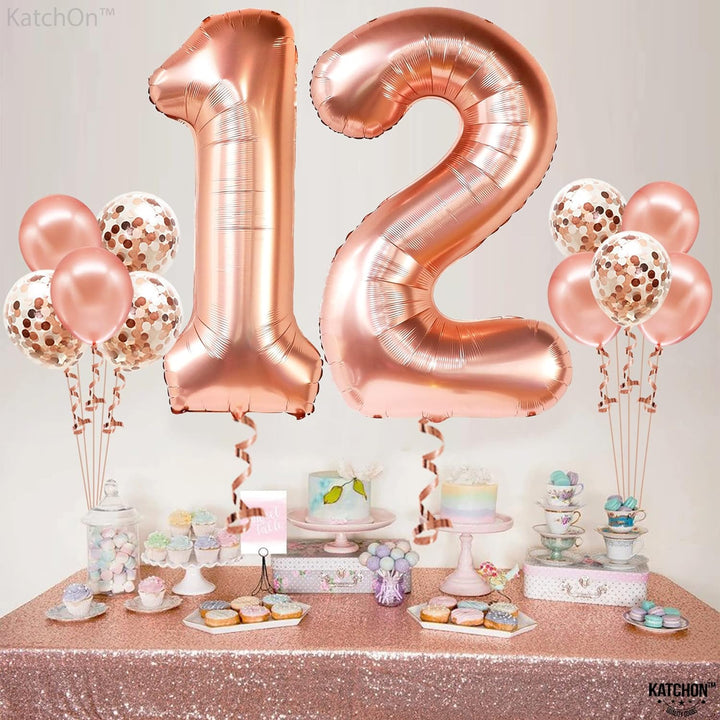 KatchOn, Rose Gold Number 12 Balloons - 40 Inch | 12th Birthday Decorations for Girls | 12th Birthday Balloons with Confetti Balloons | 12 Birthday Balloon for Girls | Number 12 Balloons for Birthdays