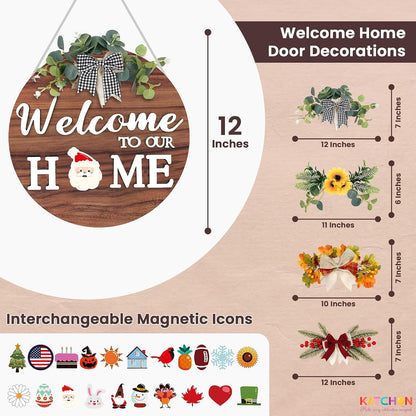 KatchOn 21 Interchangeable Welcome Sign for Front Door Wreaths, Porch Signs | Rustic Wood Welcome sign Wreaths for Wall Home House Warming gifts Outdoor Farmhouse Porch Summer Holiday Halloween Christmas
