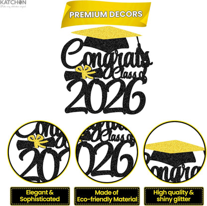 Graduation Decorations 2026, Glitter Graduation Cake Topper 2026, Class of 2026 Cake Topper | Gold and Black Graduation Party Cake Topper | Graduation Decorations Class of 2026, Katchon