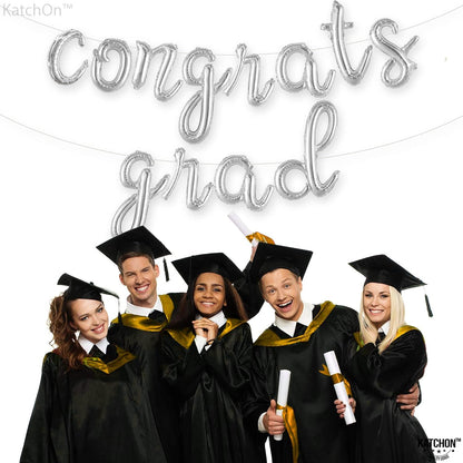Graduation Decorations 2026 | Silver Congrats Grad Balloons Banner - Script, 16 Inch | Congrats Grad Balloon | Graduation Balloons for Congrats Grad Decorations, KatchOn