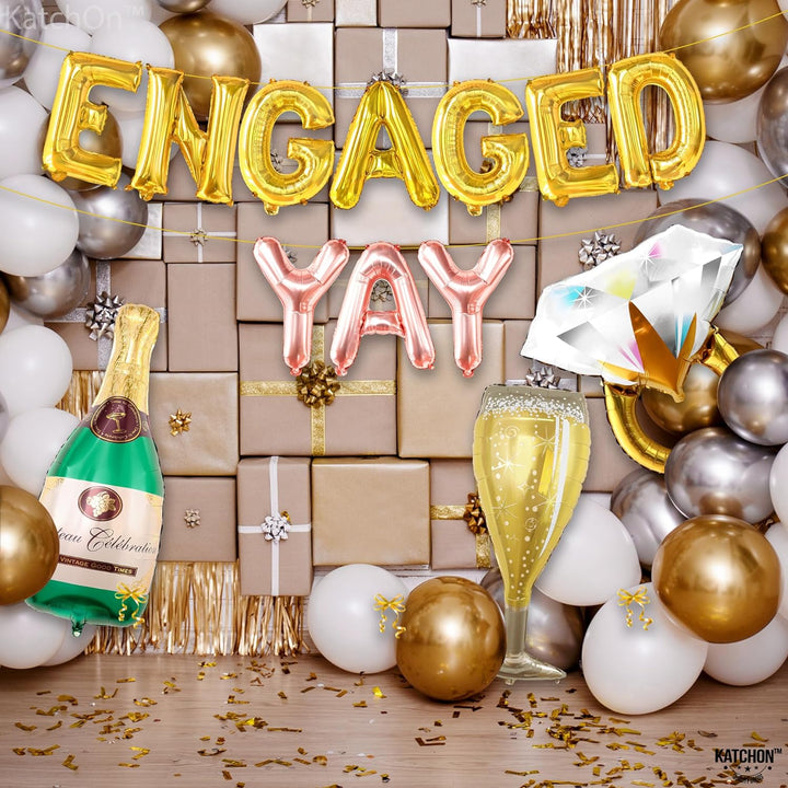 KatchOn, Yay Engaged Balloons Set - 37 Inch, Pack of 13 | Engagement Balloons for Engagement Party Decorations | Champagne Balloon, Engagement Decorations | Ring Balloons, Engagement Party Decor
