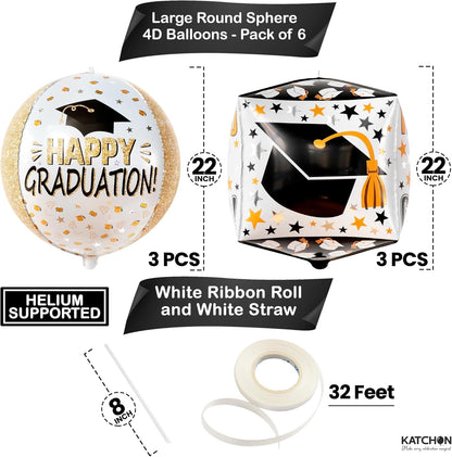 Graduation Decorations 2026 | Graduation Balloons - Pack of 6 | Black and Gold Mylar Foil Balloons for Grad Decorations Class of 2026 | Graduation Party Supplies with Graduation Cap Balloon, KatchOn