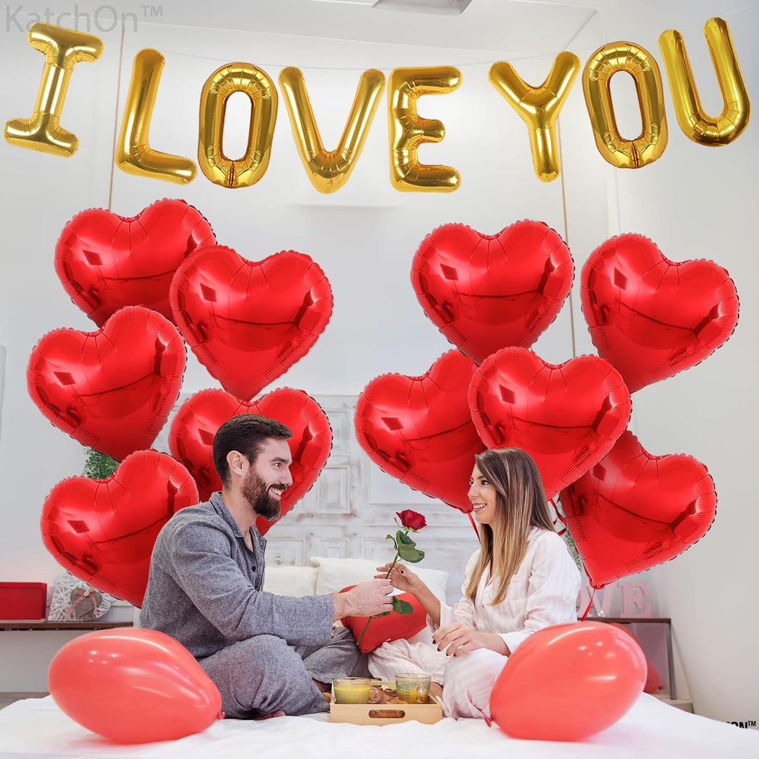 KatchOn, I Love You Balloons Set - 18 Inch, Pack of 18 | Red Heart Shaped Balloons for Anniversary Party Decorations | I Love You Decorations for Him, Heart Foil Balloon | Valentines Day Decor