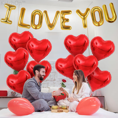 KatchOn, I Love You Balloons Set - 18 Inch, Pack of 18 | Red Heart Shaped Balloons for Anniversary Party Decorations | I Love You Decorations for Him, Heart Foil Balloon | Valentines Day Decor