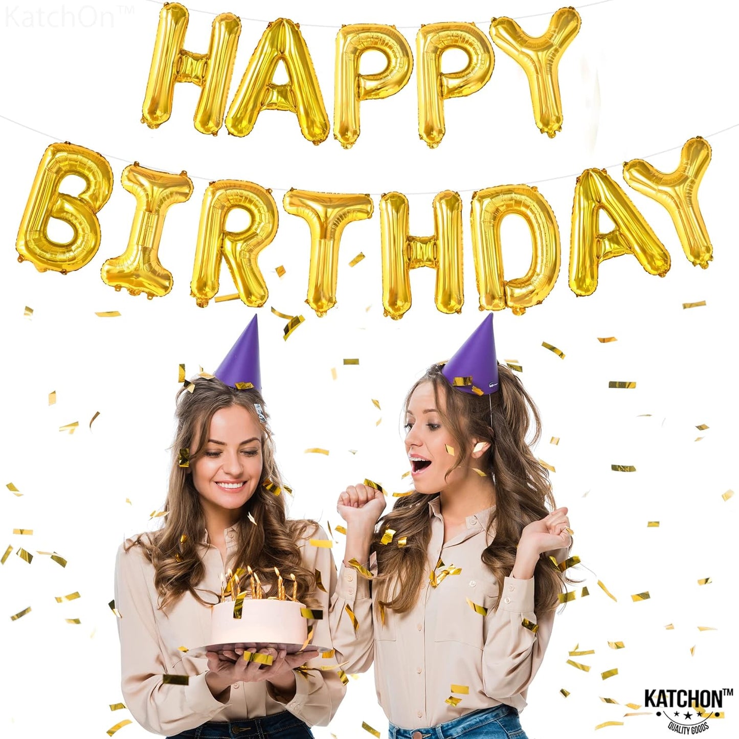 KatchOn, Gold Happy Birthday Balloons - Huge, 16 Inch | Gold Birthday Balloons for Happy Birthday Decorations | Happy Birthday Balloon Gold, Gold Birthday Decorations | Foil Gold Happy Birthday Banner