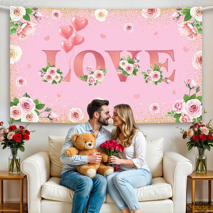 KatchOn, Pink Love Valentines Backdrop - XtraLarge, 72x44 Inch | Valentine Backdrop for Photography | Valentine Banner, Valentines Day Decorations | Valentines Decor | Galentines Day Decorations