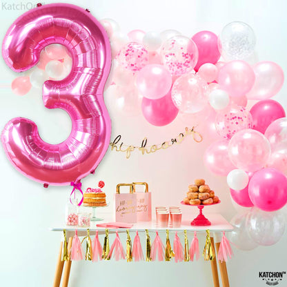 KatchOn, Giant Hot Pink Number 3 Balloon - 40 Inch | Number 3 Foil Balloon | 3rd Pink Birthday Decorations for Girls | 3rd Anniversary Decorations | Pink Party Decorations