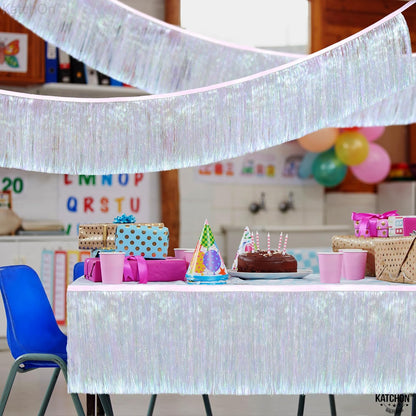 KatchOn, White Iridescent Fringe Banner - 6.5 Feet, Pack of 2 | Iridescent Fringe Garland for Bachelorette Party Decorations | Iridescent Tinsel Garland for Halloween Decor, Christmas Decorations