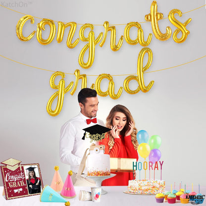 Graduation Decorations 2026 | Gold Congrats Grad Balloons Banner - Script, 16 Inch | Congrats Grad Balloon for Graduation | Graduation Balloons for Congrats Grad Decorations, KatchOn