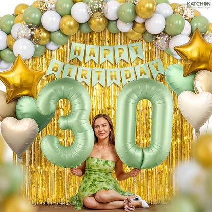KatchOn | Sage Green 30th Birthday Decorations Set – Pack of 49 | Sage Green 30 Balloon Numbers, Star, Heart & Confetti Balloons, Gold Backdrop | 30th Sage Green Birthday Decorations for Women, Men