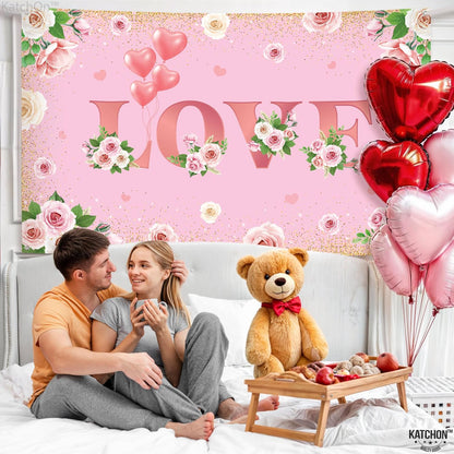 KatchOn, Pink Love Valentines Backdrop - XtraLarge, 72x44 Inch | Valentine Backdrop for Photography | Valentine Banner, Valentines Day Decorations | Valentines Decor | Galentines Day Decorations
