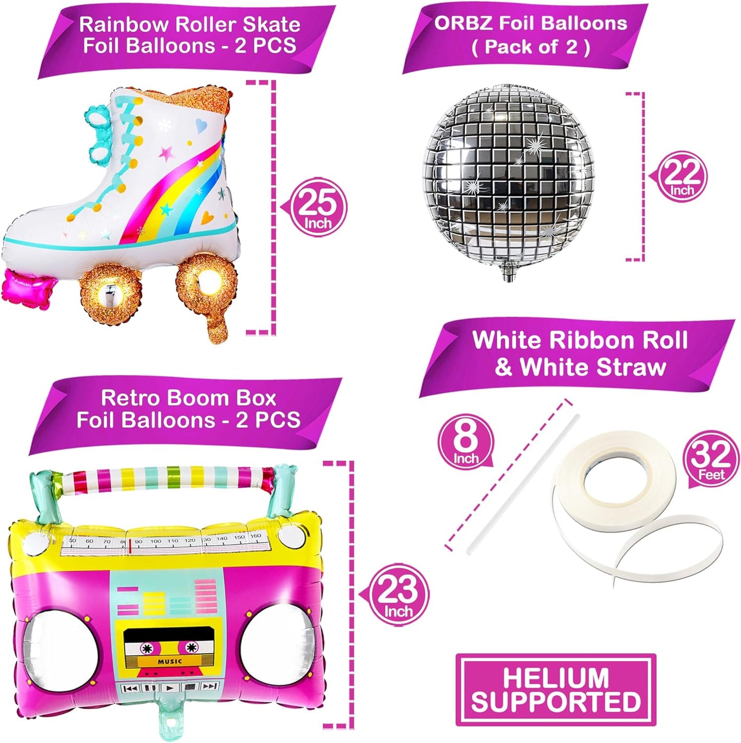 KatchOn, Big Roller Skate Balloon Set - Pack of 6 | Disco Ball Balloons, Boombox Balloon | 90s Balloons, 90s Party Decorations | 80s Balloons, Disco Party Decorations | Roller Skate Balloons For Girls