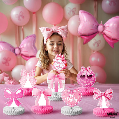 KatchOn, Pink Bow Party Honeycomb Centerpieces - Pack Of 12 | Coquette Birthday Decorations | Bow Birthday Table Centerpieces For Baby Shower Bachelorette Bridal Wedding Decorations | Pink Party Décor