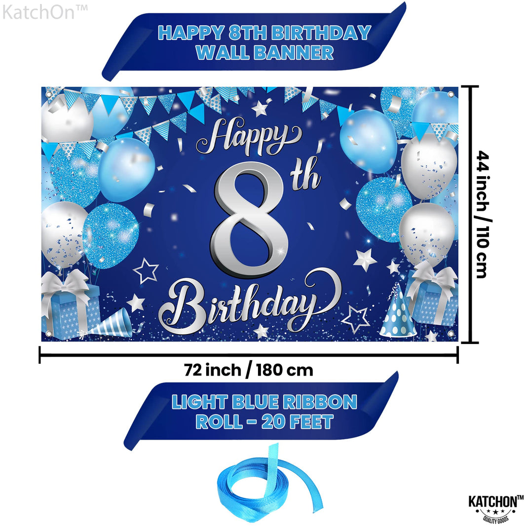 KatchOn, XtraLarge Silver and Blue Happy 8th Birthday Banner - 72x44 Inch | 8th Backdrop for Happy Birthday Decorations | Blue and Silver Party Decorations