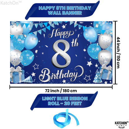 KatchOn, XtraLarge Silver and Blue Happy 8th Birthday Banner - 72x44 Inch | 8th Backdrop for Happy Birthday Decorations | Blue and Silver Party Decorations