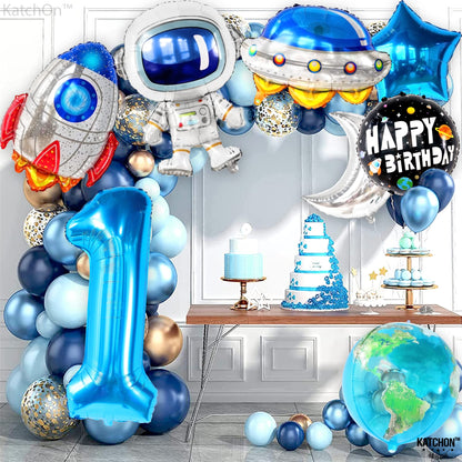 KatchOn, Big Space Balloons First Birthday Set - 40 Inch, Pack of 8 | First Trip Around The Sun Balloons, Number 1 Balloon | Blue Space Birthday Balloons for First Trip Around The Sun Decorations