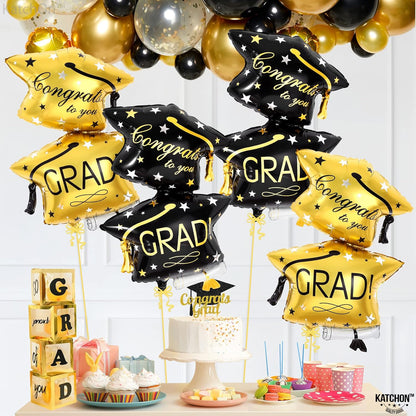 Graduation Decorations 2026 | Black and Gold Graduation Cap Balloon - Big, 32 Inch, Pack of 4 | Congrats Grad Balloons | Graduation Balloons Class of 2026, Graduation Hat Balloons, KatchOn