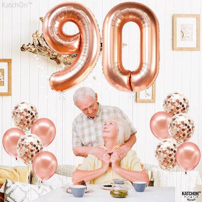KatchOn, Rose Gold 90 Balloon Numbers - 40 Inch | Rose Gold 90th Birthday Balloons with Confetti for 90th Birthday Decorations for Women | Rose Gold 90 balloons for 90th Birthday Party Decorations