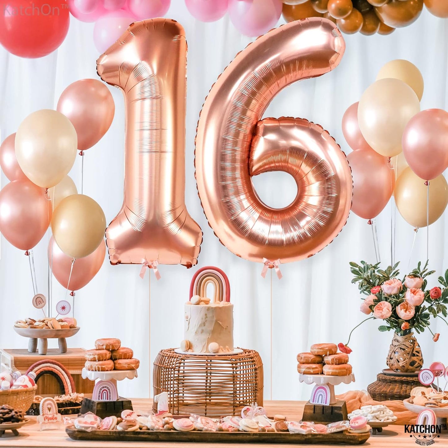 KatchOn, Rose Gold 16 Balloon Numbers - 40 Inch | 16th Birthday Decorations for Girls | Sweet 16 Birthday Decorations | Sweet 16 Balloons Rose Gold | Sweet 16 Party Decorations, 16th Birthday Balloons