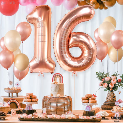 KatchOn, Rose Gold 16 Balloon Numbers - 40 Inch | Foil Balloon For 16th Happy Birthday Decorations for Girls | Rose Gold Balloon For Sweet 16 Party Decorations Anniversary Decoration