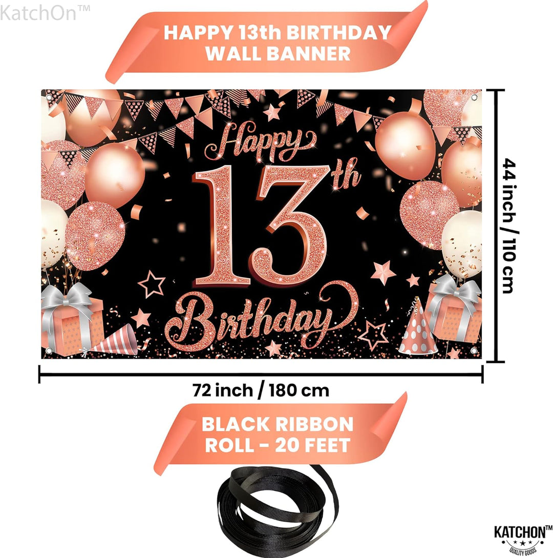 KatchOn Rose Gold Happy 13th Birthday Banner - XtraLarge, 72x44 Inch | Rose Gold and Black 13th Birthday Decorations for Girls | Official Teenager 13th Birthday Backdrop, 13 Year Old Birthday Supplies