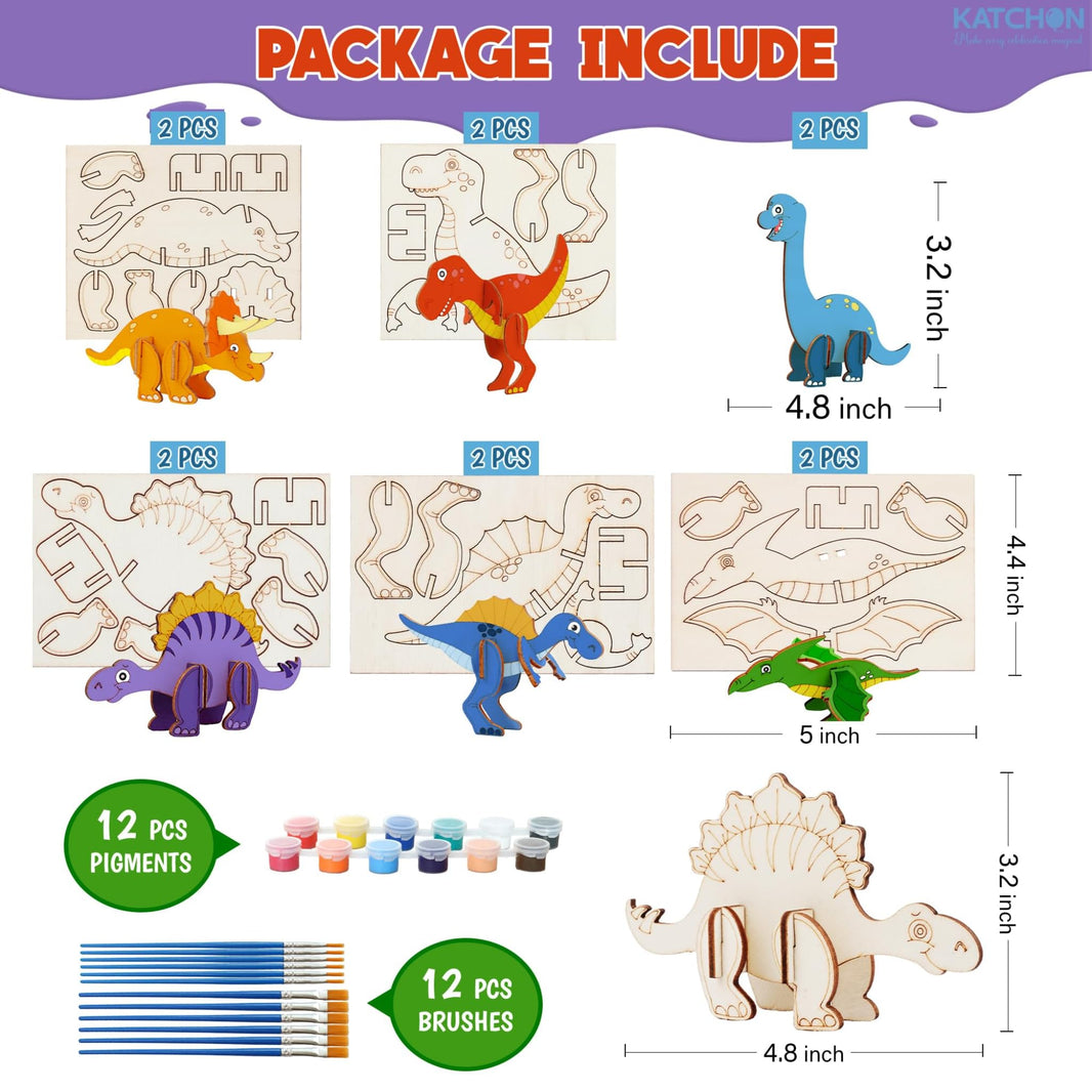 KatchOn, Dinosaur Party Favors - Set of 12 | Large 3D Dino Painting Kits with Wooden Crafts and Cards | Fun Toys for Kids | Dino 3D Party Favors for Kids 3-5 | Christmas Gifts For kids