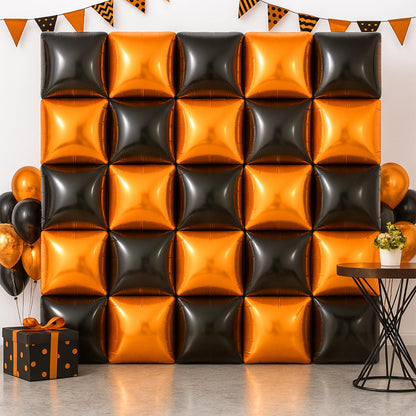 KatchOn, Black and Orange Square Foil Balloons- 19 inch, Pack of 25 | Black and Orange Foil Square Balloon Wall Backdrop | Halloween Backdrop For Wall | Halloween Birthday Party Decorations