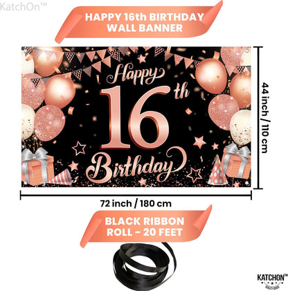 Katchon, Rose Gold Happy 16th Birthday Banner - XtraLarge, 72x44 Inch | 16th Birthday Backdrop, Rose Gold Sweet 16 Birthday Decorations for Girls | Sweet Sixteen Backdrop, 16th Birthday Decorations