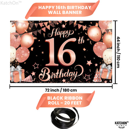 KatchOn, Rose Gold Happy 16th Birthday Banner - Big 72x44 Inch | Sweet 16 Banner, Sweet 16 Party Decorations | Sweet 16 Backdrop, 16th Birthday Decorations for Girls | Sweet 16 Birthday Decorations