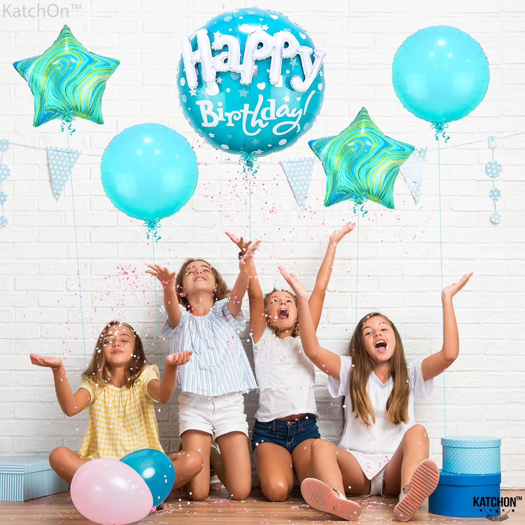 KatchOn, Blue Happy Birthday Balloon Set - 23 Inch, Large, Pack of 5 | Sea Turtle Birthday Decorations, Blue Sea Turtle Balloons | Teal Happy Birthday Balloons for Turtle Themed Birthday Decorations