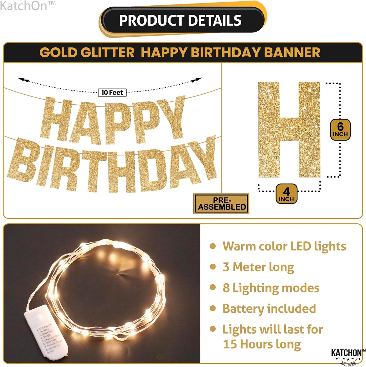 KatchOn, Light Up Happy Birthday Banner Prestrung - 10 Feet, 8 Modes | Happy Birthday Light Up Sign for Backdrop | Light Up Birthday Banner for Happy Birthday Decorations | Gold Happy Birthday Sign