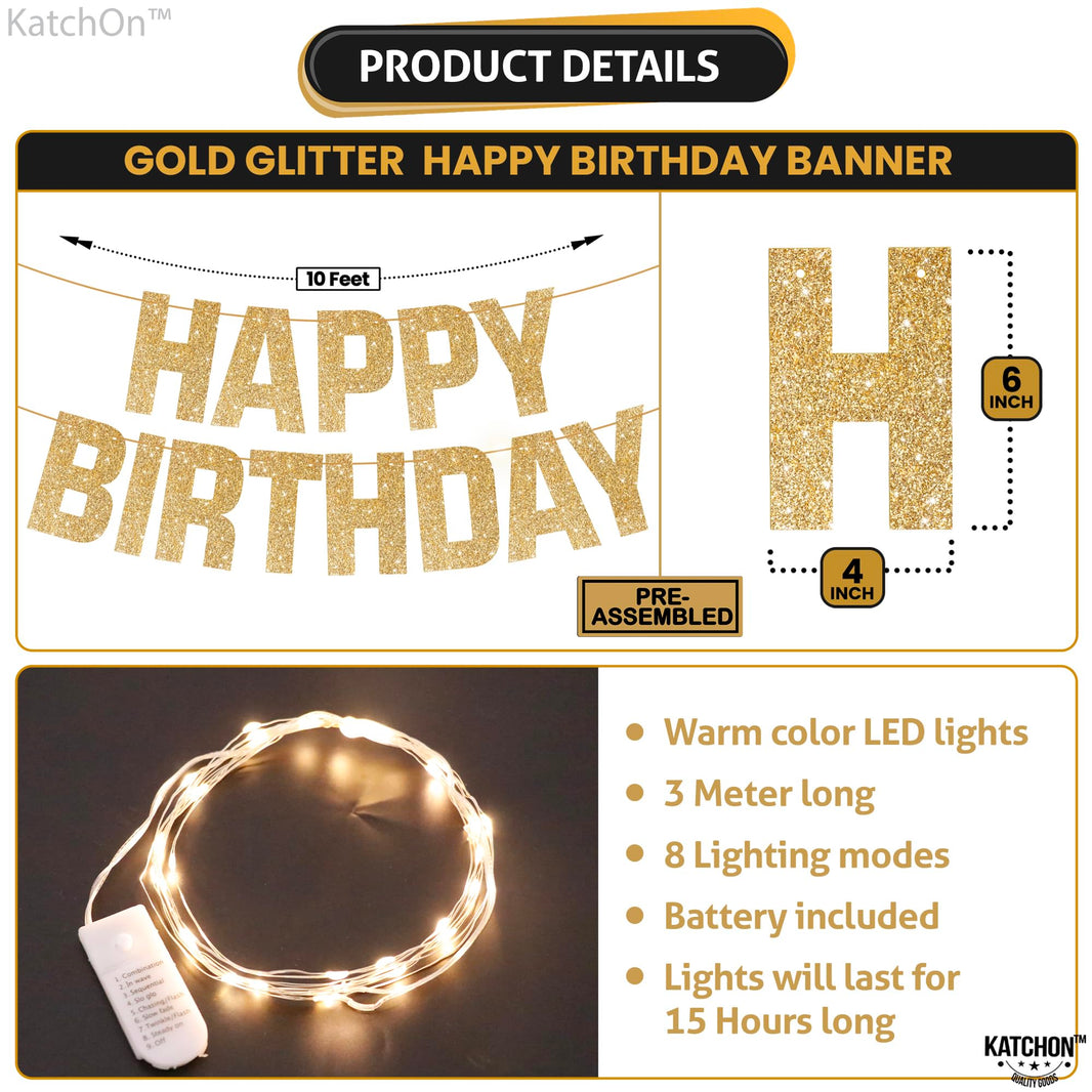 KatchOn, Light Up Happy Birthday Banner - 10 Feet, 8 Modes | Glitter Golden Birthday Party Decorations | Gold Birthday Decorations For Women, Men, Girls & Boys | Happy Birthday Light Up Sign