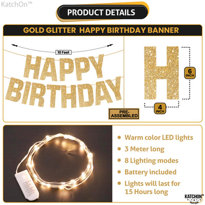 KatchOn, Light Up Happy Birthday Banner - 10 Feet, 8 Modes | Glitter Golden Birthday Party Decorations | Gold Birthday Decorations For Women, Men, Girls & Boys | Happy Birthday Light Up Sign