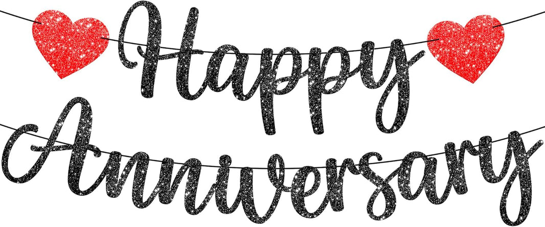 KatchOn, Happy Anniversary Banner Glitter Black - No DIY, 2 String, 10 Feet | Happy Anniversary Decorations for Party | Happy Anniversary Sign for Wedding Anniversary Decorations, Romantic Decorations